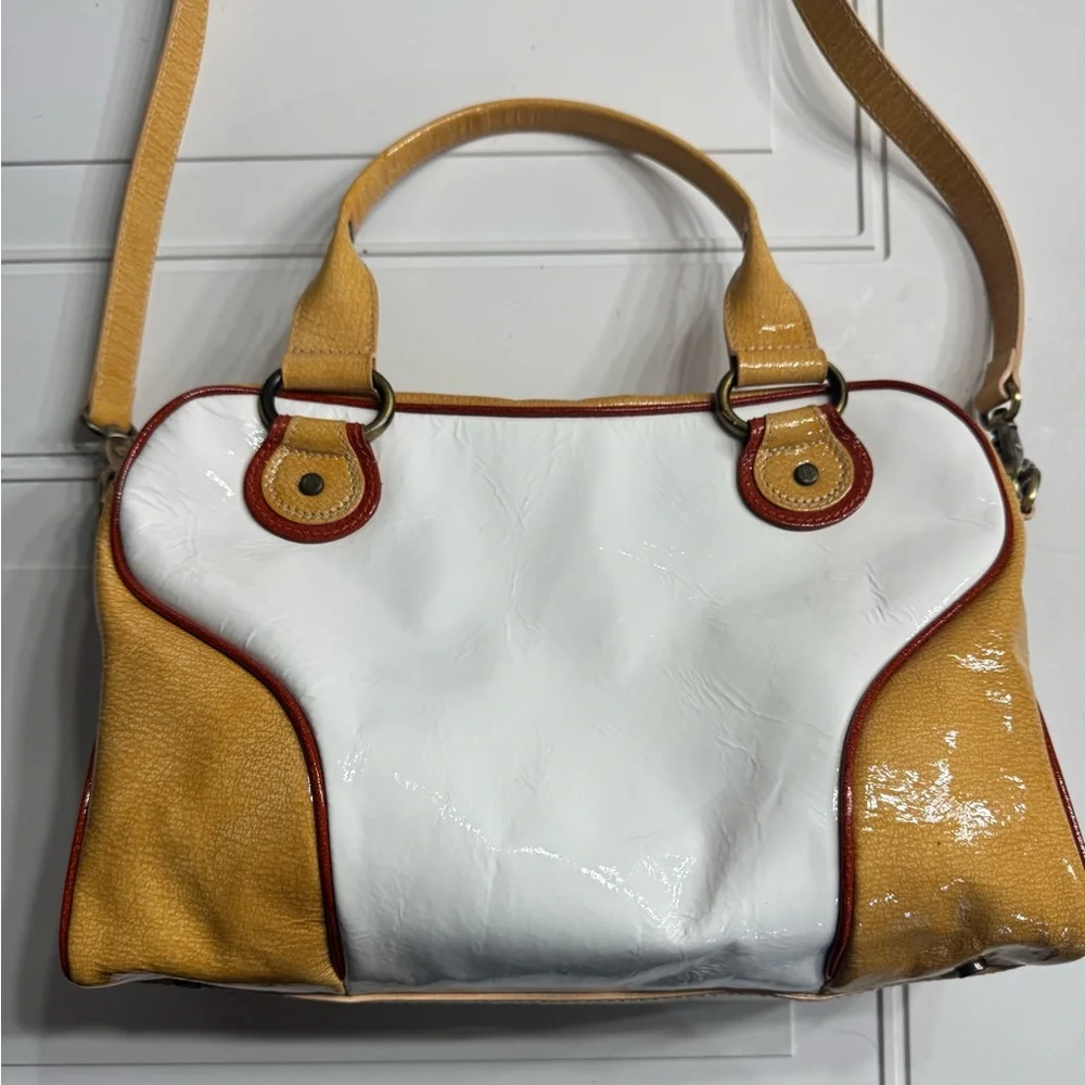Donald J. Pliner White Yellow Patent Leather Satchel Shoulder Bag *Callouts - Picture 6 of 8